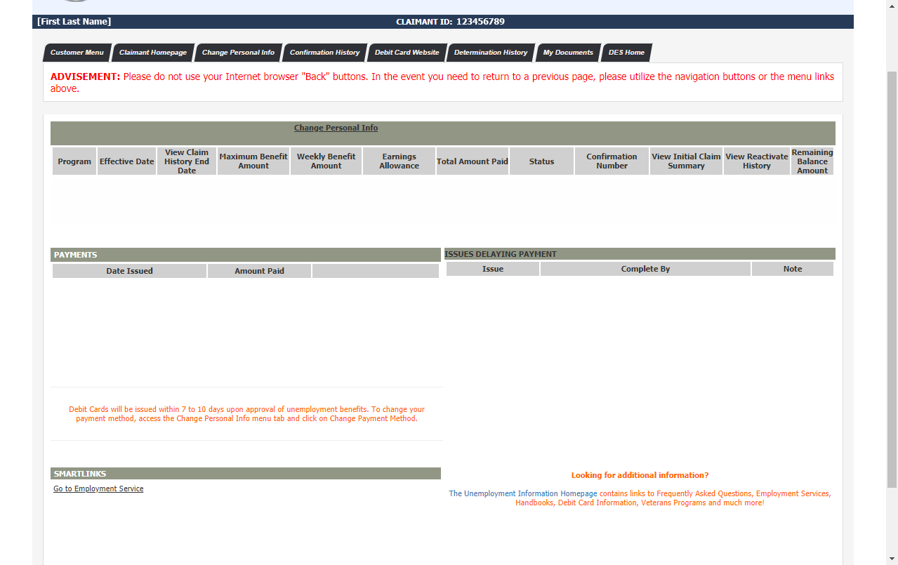 Claimant Homepage screen